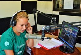 Philippines A Journalism intern makes a recording for a local radio station during her internship in the Philippines.